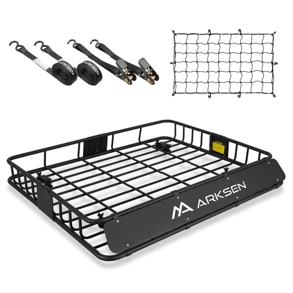 ARKSEN 43 x 50 x 6 Inch Universal Extra Wide 150LB Heavy Duty Roof Rack Cargo with Ratchet Straps, Cargo Net, Car Top Luggage Holder Carrier Basket for SUV, Truck, & Car Steel Construction