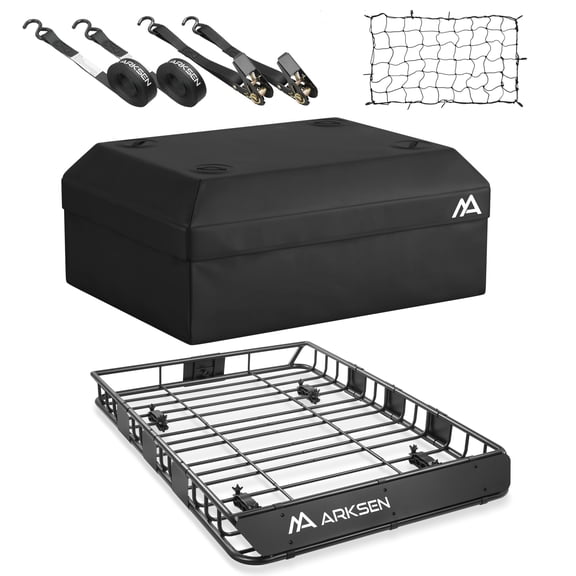 ARKSEN 54 x 39 x 5 Inch Upgrade Universal Roof Rack with Waterproof Bag, Cargo Net&2 Ratchet Straps - 150Lbs Capacity Heavy Duty Cargo Carrier with Extension for Car, SUV & Pickup