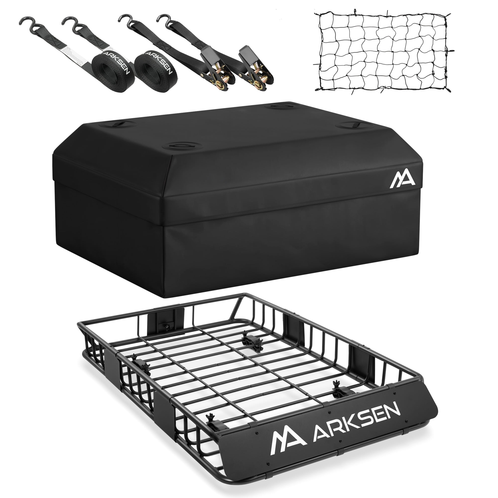 ARKSEN 54x34x6 inch Heavy Duty Roof Rack Cargo Carrier w/ 600D Waterproof Cargo Bag, Tie Down Straps, Net, Universal Steel Roof Basket, 150 LBS Capacity Car Top Luggage Holder for SUV, Truck, Pickup