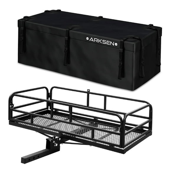 ARKSEN 60" Foldable Car Rear Luggage Basket Hitch-Mounted Cargo Carrier Rack W/ Updated 500D PVC Waterproof Cargo Bag with Reinforced Straps, Trailer Hitch Fit 2" Receiver