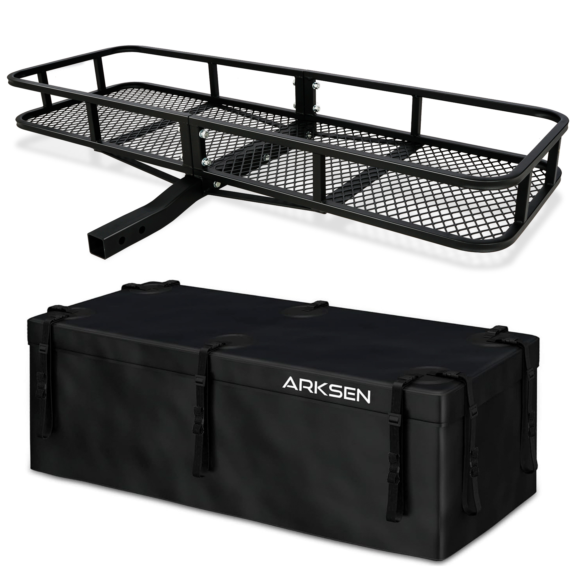 ARKSEN 60" x 20" x 6" Angled Shank Hitch Mount Cargo Carrier Luggage Basket Fit 2" Receiver, 500LBS Capacity, With Updated 500D PVC Waterproof Cargo Bag with Reinforced Straps, Black - image 1 of 6