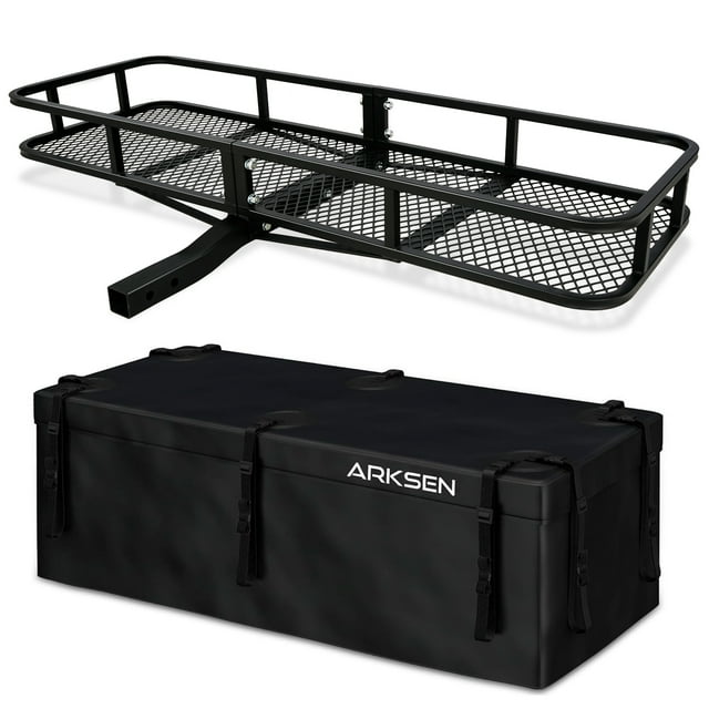 ARKSEN 60" x 20" x 6" Angled Shank Hitch Mount Cargo Carrier Luggage Basket Fit 2" Receiver, 500LBS Capacity, With Updated 500D PVC Waterproof Cargo Bag with Reinforced Straps, Black
