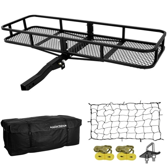 ARKSEN 60" x 20" x 6" Hitch Mount Folding Angled Shank Cargo Carrier Cargo Bag, Net, Hitch Stabilizer & 2 Ratchet Straps