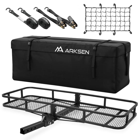 ARKSEN 60 x 23 x 5.5 Inch Folding Hitch Cargo Carrier with Cargo Bag, Nylon Net, 2 Ratchet Straps, 500 Lbs Capacity Heavy Duty 2 Inch Receiver Luggage Basket for SUV, Pickup Truck, Camping & Travel