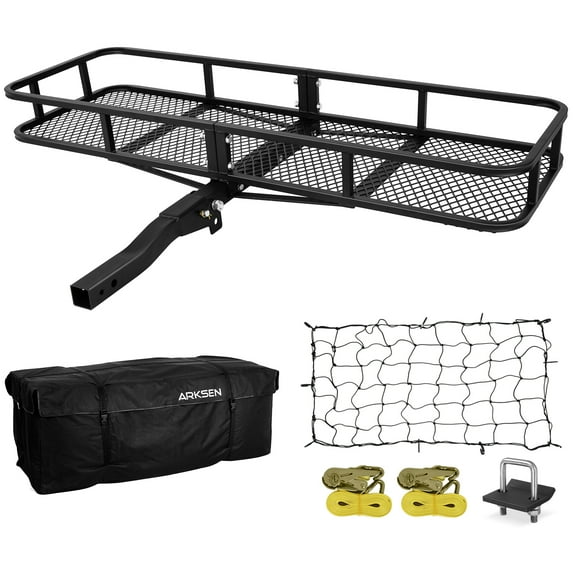ARKSEN 60" x 24" x 6" Hitch Mount Folding Angled Shank Cargo Carrier Cargo Bag, Net, Hitch Stabilizer, 2 Ratchet Straps