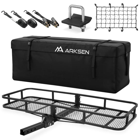 ARKSEN 60" x 25" Cargo Carrier Hitch Mounted W/Cargo Bag, Nylon Net, Hitch Stabilizer & 2 Ratchet Straps Combo