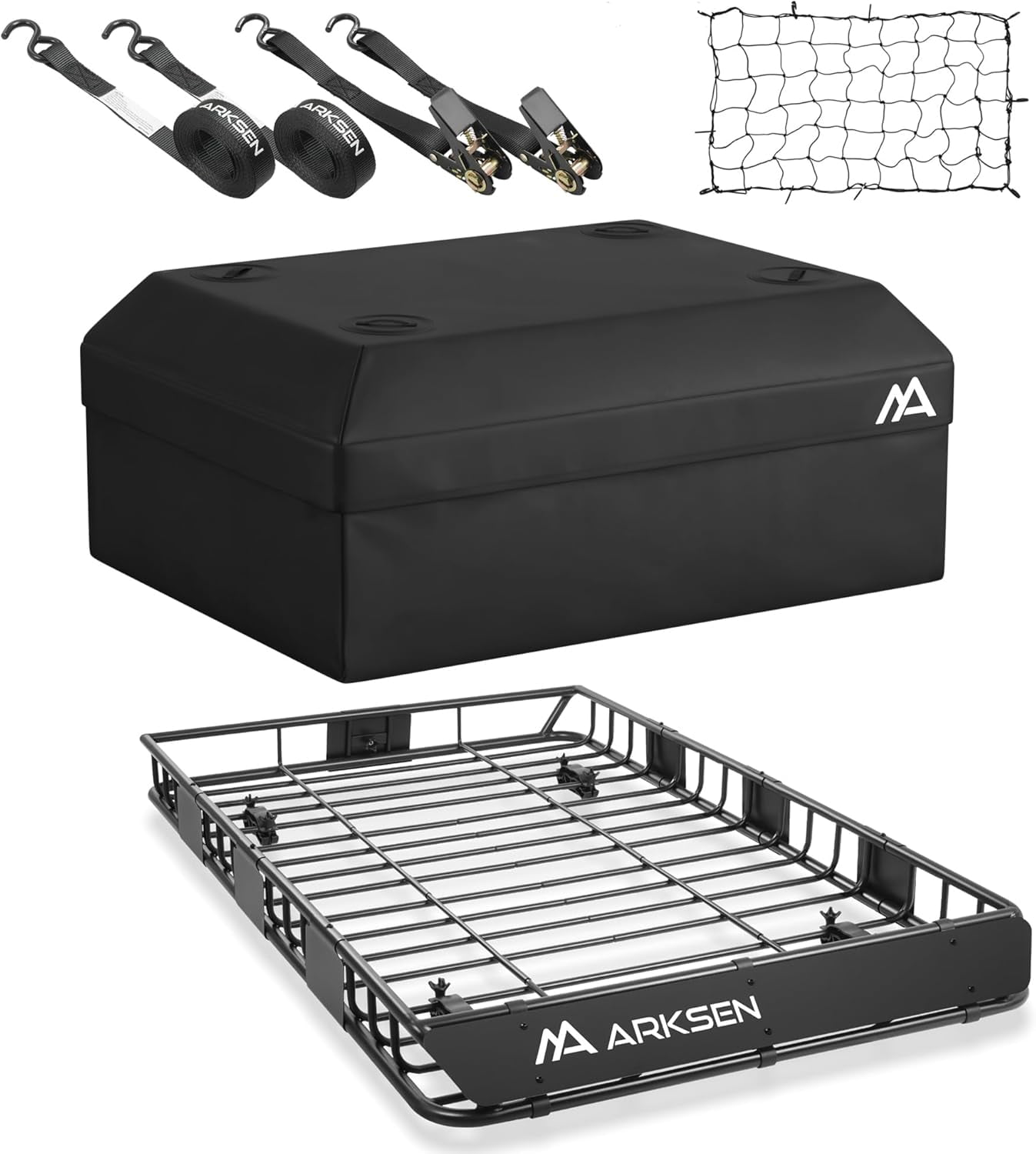 ARKSEN 64 x 39 x 5 Inch Upgrade Universal Roof Rack with Waterproof Bag, Cargo Net & 2 Ratchet Straps - 150Lbs Capacity Heavy Duty Cargo Carrier with Extension for Car, SUV & Pickup