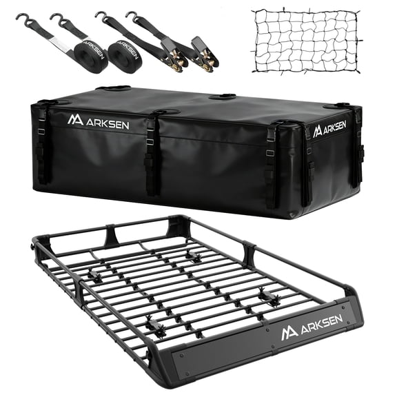 ARKSEN 64 x 39 x 6 Inch Upgraded Universal Roof Rack with 500D PVC Waterproof Bag, Net & 2 Ratchet Straps, 250 lbs Heavy Duty Rooftop Cargo Carrier Basket with Foldable Fairing for Car, SUV & Pickup
