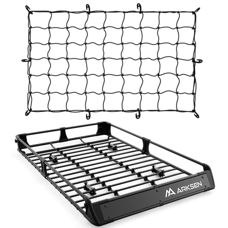 ARKSEN 64 x 39 x 6 Inch Upgraded Universal Roof Rack with Cargo Net, 250 lbs Capacity Heavy Duty Steel Rooftop Cargo Carrier Basket with Foldable Fairing for Car, SUV & Pickup