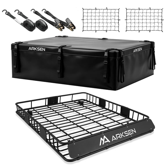 ARKSEN 64 x 50 x 6 Inch Universal Extra Wide 150LB Heavy Duty Roof Rack Cargo with 500D PVC Waterproof Cargo Bag, Nylon Cargo Nets, Ratchet Straps,Car Top Luggage Holder Carrier Basket for SUV, Truck