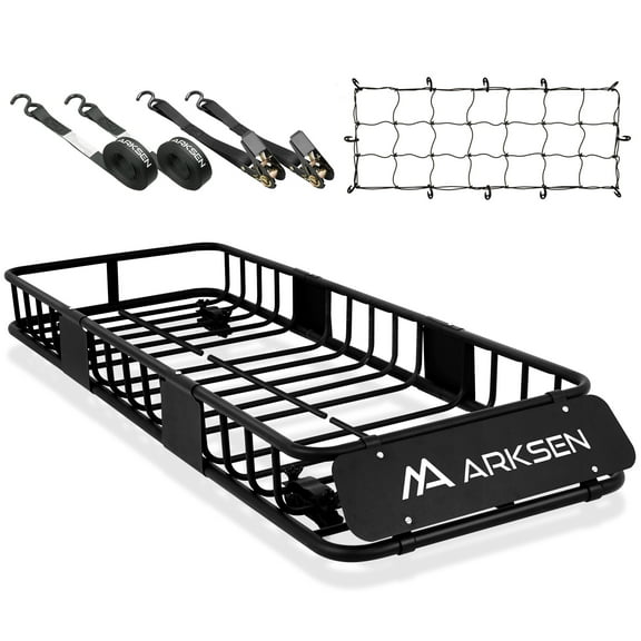 ARKSEN 64"x23"x6" Roof Rack Skinny Cargo Carrier with Basket, Net & Ratchet Straps Heavy Duty Weather Resistant Top Mount Cargo Rack, Luggage & Camping Gear Storage for Car, Truck or SUV Transport