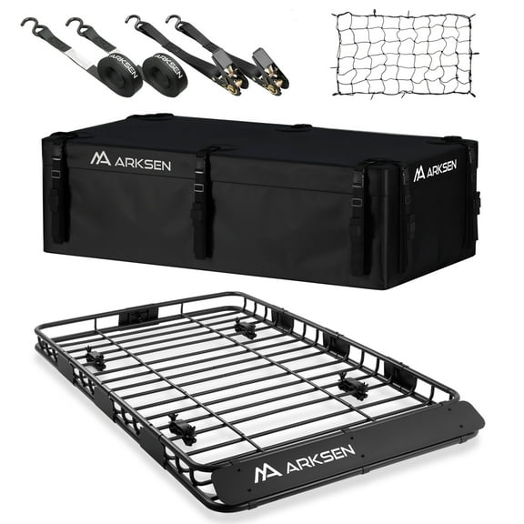 ARKSEN 64x39x4 Inch Upgrade Universal Roof Rack with Waterproof Bag, Cargo Net, 2 Ratchet Straps - 150Lbs Capacity Heavy Duty Cargo Carrier with Extension for Car, SUV & Pickup
