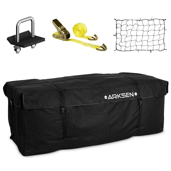 ARKSEN Roof Cargo Bag, 13.6 Cubic Feet Waterproof Luggage Storage, Include Net, Heavy Duty Stainless Steel Hitch Tightener, Anti-Rattle Stabilizer, 16Ft Straps