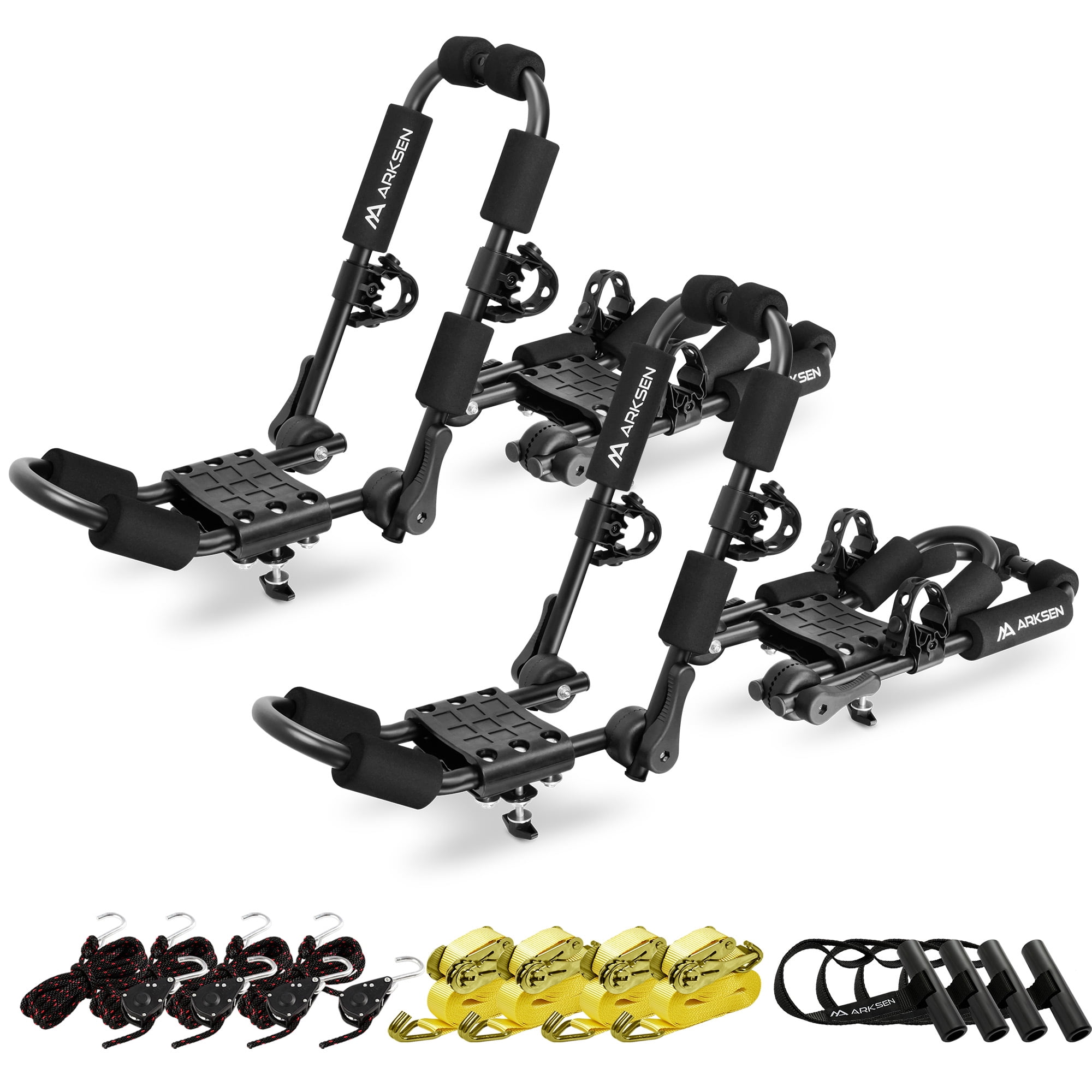 ARKSEN Universal Folding Kayak Roof Rack for Cars, SUVs, and Trucks - Heavy-Duty Adjustable J-Style Kayak Carrier with Lashing  Strap, 4 Stern Tie Down Straps, 4 Anchor Straps (2-Pack)