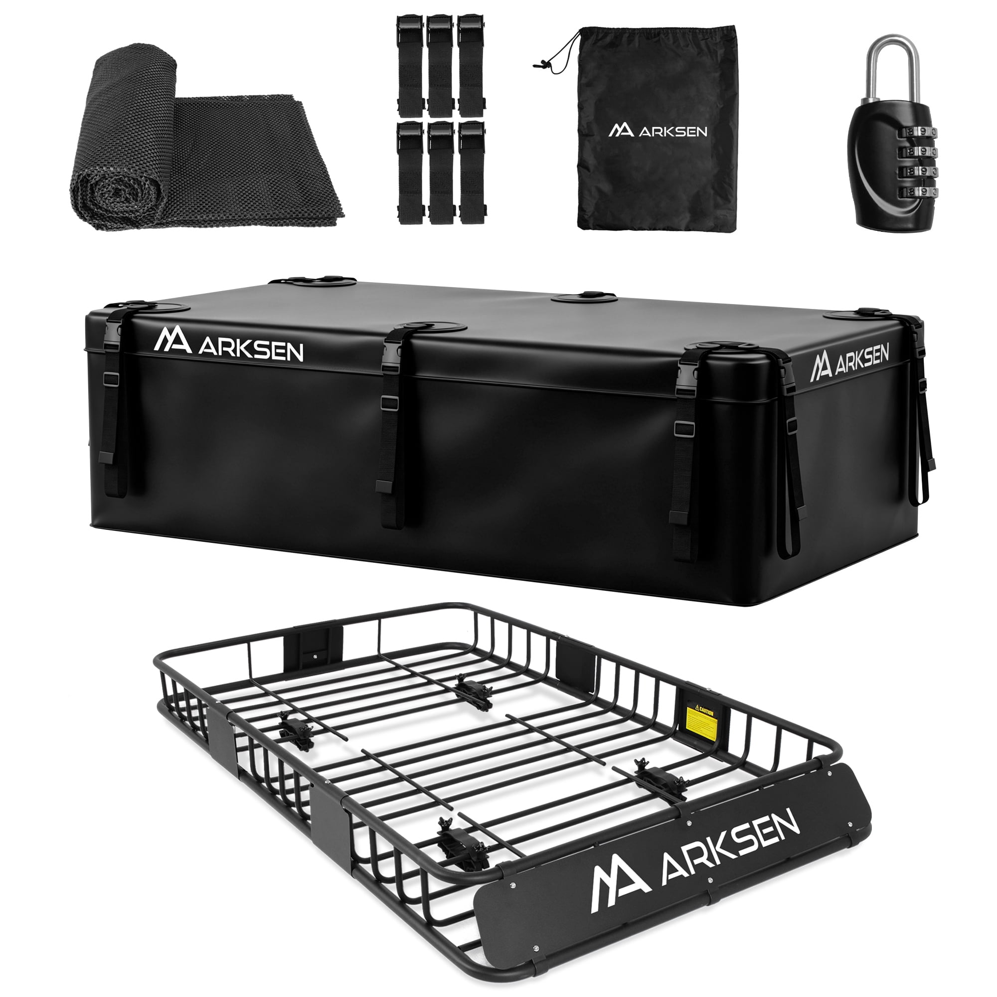 ARKSEN 64" Universal Black Roof Rack Cargo Extension With Waterproof Cargo Bag Car Top Luggage Holder Carrier Basket SUV Storage