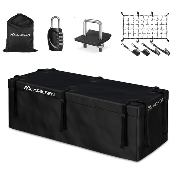ARKSEN Waterproof Hitch Cargo Carrier Bag with Combination Lock for Truck SUV RV Trailer- Include Net, Heavy Duty Stainless Steel Hitch Tightener, Anti-Rattle Stabilizer, 2 pcs 19.7Ft Straps