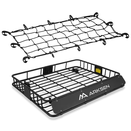 ARKSEN 43" x 50" x 6" Perfect-Wide Roof Rack Cargo Basket With Cargo Net - 150 lb. Capacity Full-size SUV Top Luggage Holder Carrier Storage, Black