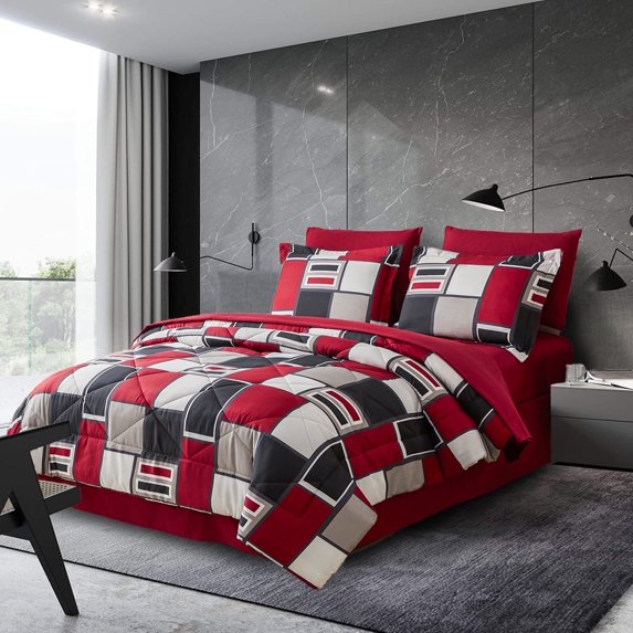 Beartech 6 Piece Comforter Set Twin Size Red Black Plaid Comforter Bedding Bed in a Bag with Comforter