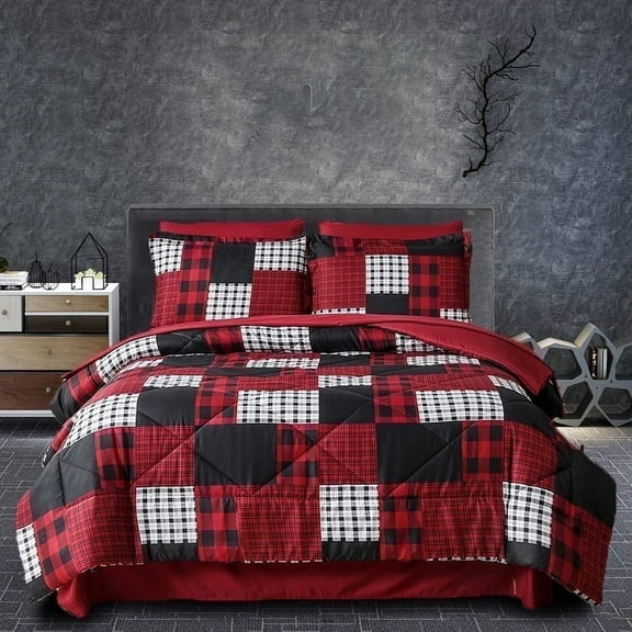 Beartech 7 Piece Comforter Set King Size Red White Black Plaid Comforter Bedding-Bed in a Bag with Comforter,Flat Sheet & Fitted Sheet, Pillowcases & Pillow Shams