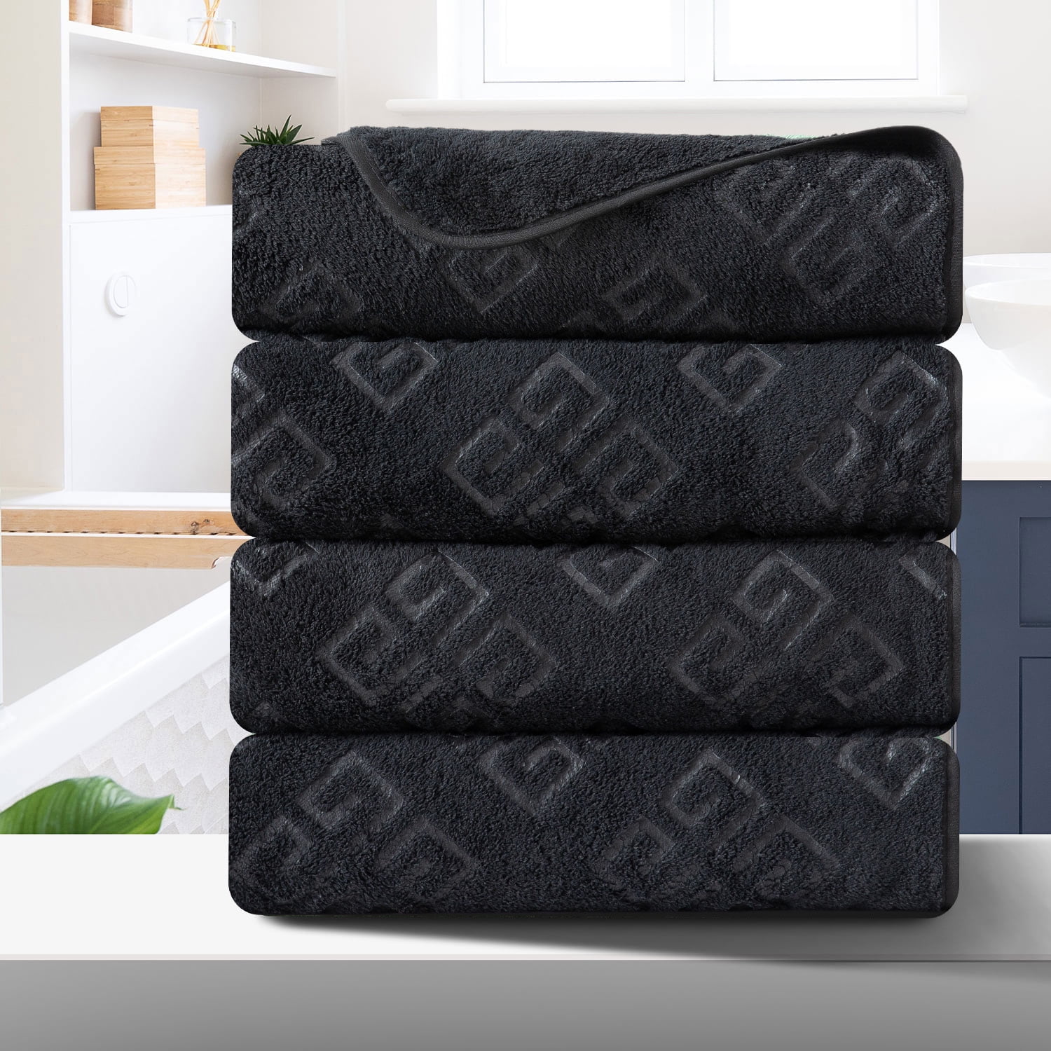 Arl Home Bathroom Towel Set Black Graphic 4 Piece Bath Towel 700gsm Ultra Soft Fluffy Microfiber 1733