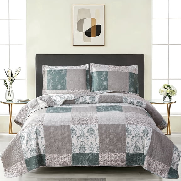 Beartech Bedspread Set King Size Stripe Plaid Quilt Bedding Set Leaves Floral Patchwork Quilt Lightweight Reversible Coverlet Soft Microfiber Quilt