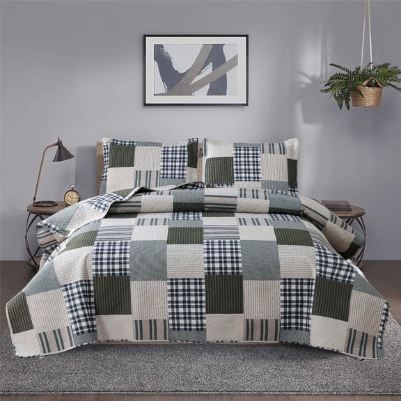 Beartech Bedspread Set Queen/Full Size Quilt Set Plaid Bedding Checkered Patchwork Quilts Lightweight Reversible Coverlet Microfiber Quilt