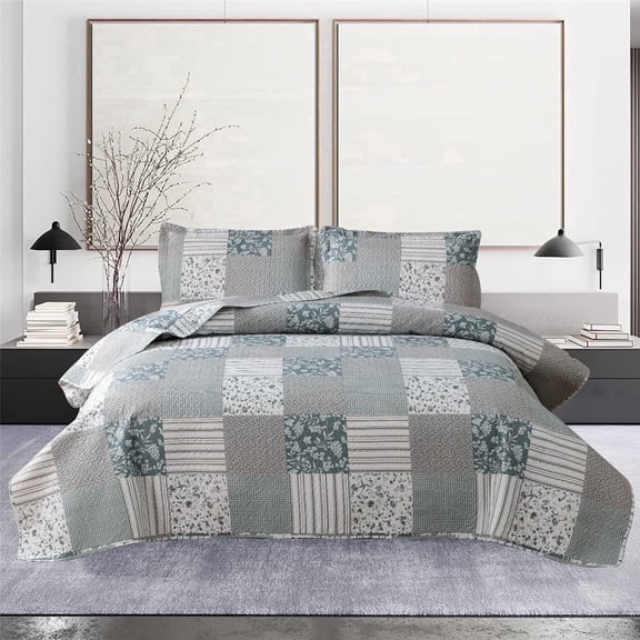 Beartech Full/Queen Quilt Bedding Set-3 Piece Floral Patchwork Quilt Farmhouse Reversible Floral Quilt Bedspread Lightweight Coverlet Microfiber Quilt