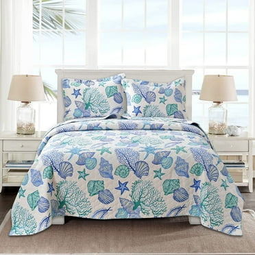 Beartech Ocean Quilt Twin Size Coastal Blue Bedspread Microfiber Cabin Bedding Set