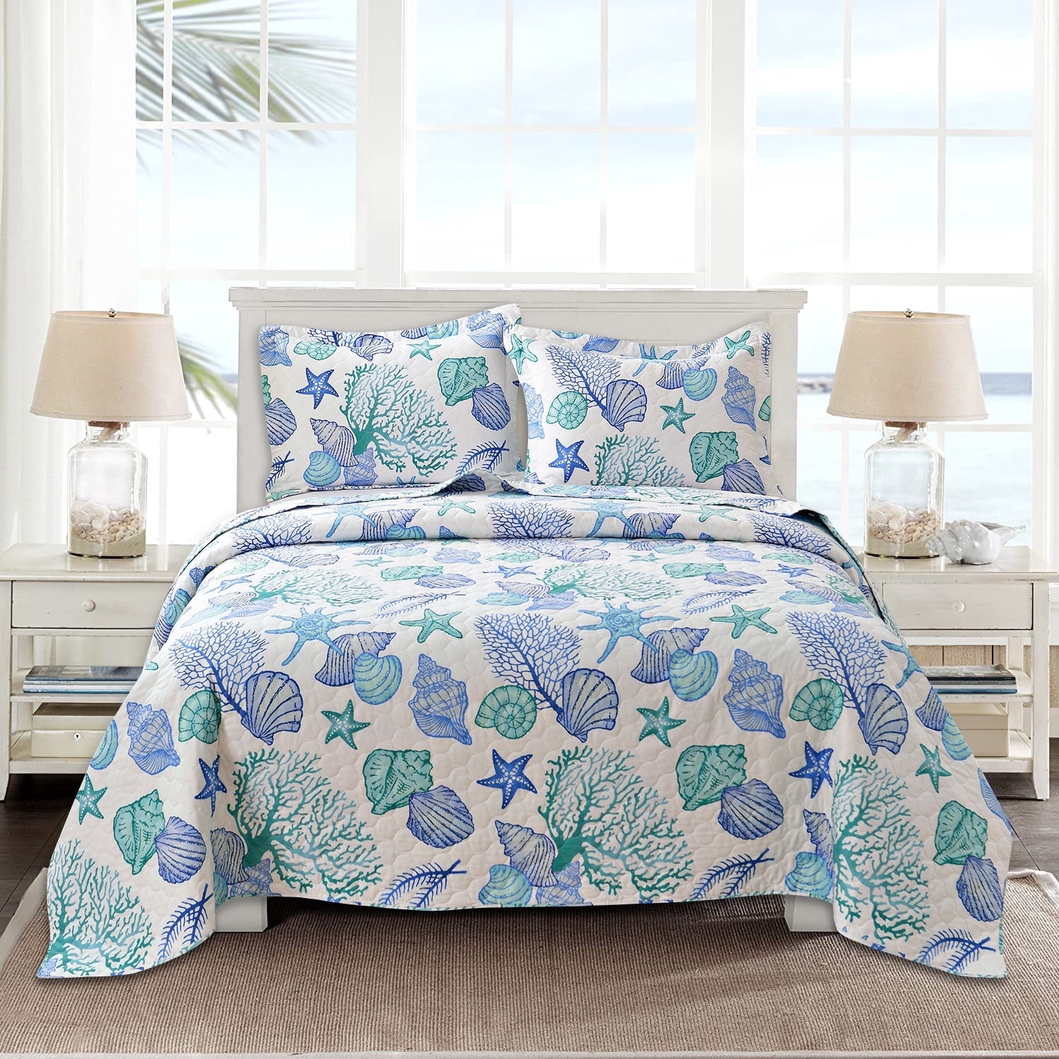 Beartech Ocean Quilt Twin Size Coastal Blue Bedspread Microfiber Cabin Bedding Set