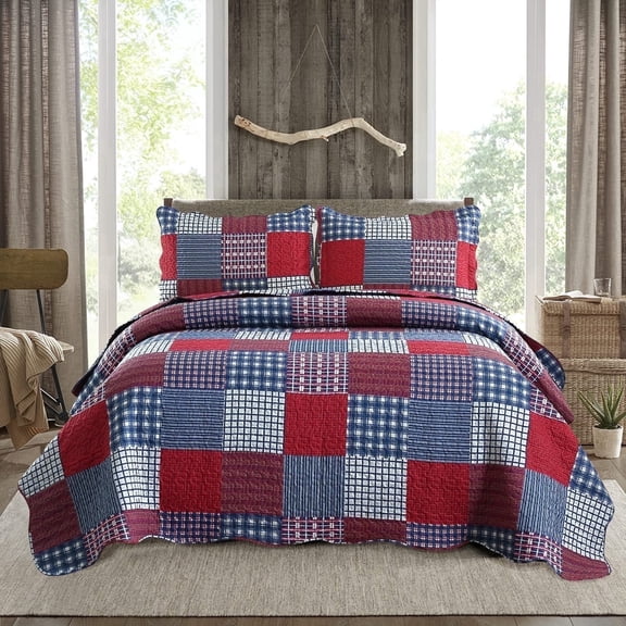 Beartech Queen Size Quilt Set Plaid Patchwork Lightweight Reversible Microfiber Bedding Set