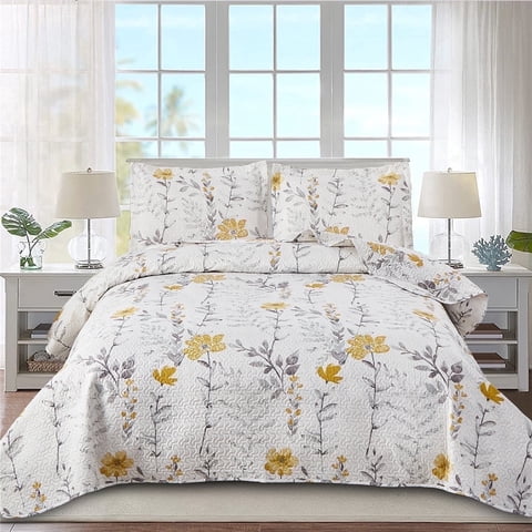 Beartech Quilt Set King Size Floral Bedspread Yellow Floral Quilts Bedding Collection Lightweight Coverlet Reversible Microfibers Quilt
