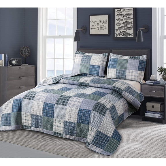 Beartech Quilt Set King Size Line Stripe Plaid Bedding Reversible Bedspread Coverlet Modern Patchwork Lightweight Reversible Microfiber Quilt