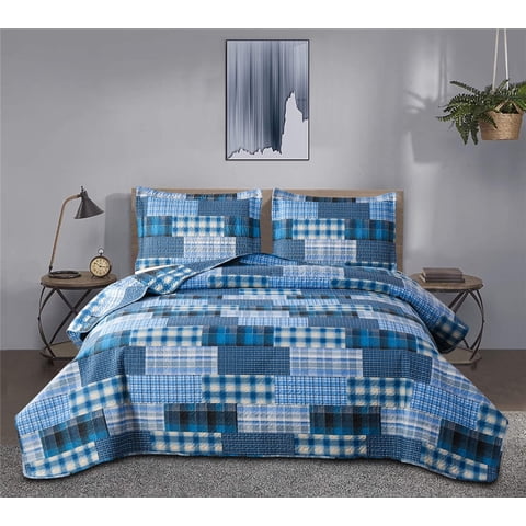 Beartech Quilt Set King Size Plaid Bedding Blue Checkered Patchwork Coverlet Lightweight Microfiber Reversible Bedspread Quilt Set