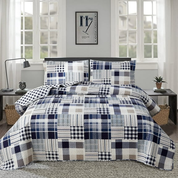 Beartech Quilt Set King Size Plaid Patchwork Microfiber Lightweight Reversible Bedspread Coverlet Bedding Set