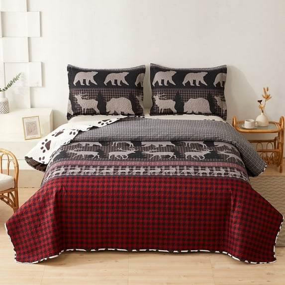 Beartech Quilt Set King Size Rustic Bear Bedding Red Black Buffalo Plaid Bedspread Coverlet Lodge Cabin Quilt Animal Lightweight Reversible Microfiber Quilt