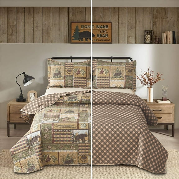 Beartech Quilt Set King Size Rustic Bedding Lodge Cabin Quilt Forest Bear Bedspread Coverlet Lightweight Reversible Microfiber Quilt