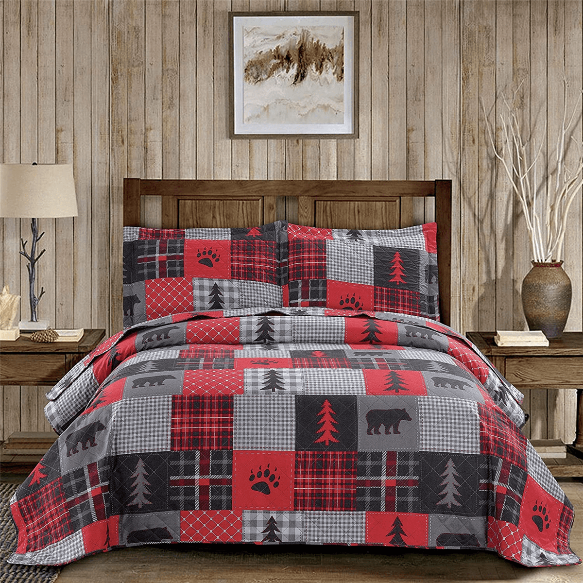 ARL HOME King Size Quilt Set, Rustic Red Plaid Patchwork, Forest Bear ...
