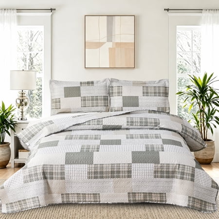 Beartech Quilt Set King Size Stripe Plaid Bedspread Coverlet Grey White Patchwork Bedding Lightweight Reversible Microfiber Quilt