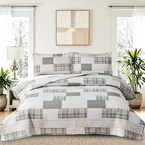 Beartech Quilt Set King Size Stripe Plaid Bedspread Coverlet Grey White Patchwork Bedding Lightweight Reversible Microfiber Quilt