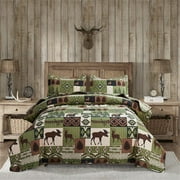 ARL HOME Quilt Set Queen/Full Size Rustic Bedding Green Plaid Quilt Forest Moose Bear Bedding Lodge Cabin Bedspread Coverlet Lightweight Reversible Microfiber Quilt