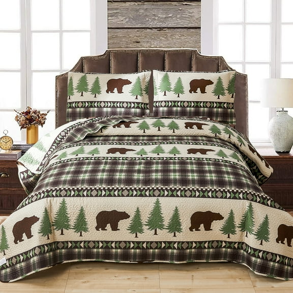 Beartech Quilt Set Queen Size Bear Brown Plaid Quilt Lightweight Reversible Microfiber Bedspread Coverlet Bedding Set