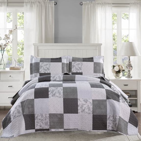 Beartech Quilt Set Queen Size Floral Plaid Patchwork Microfiber Home Lightweight Reversible Bedspread Coverlet Bedding Set