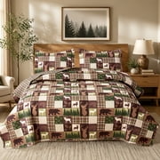 Beartech Quilt Set Queen Size Moose Bear Brown Plaid Quilt Lightweight Reversible Microfiber Bedspread Coverlet Bedding Set
