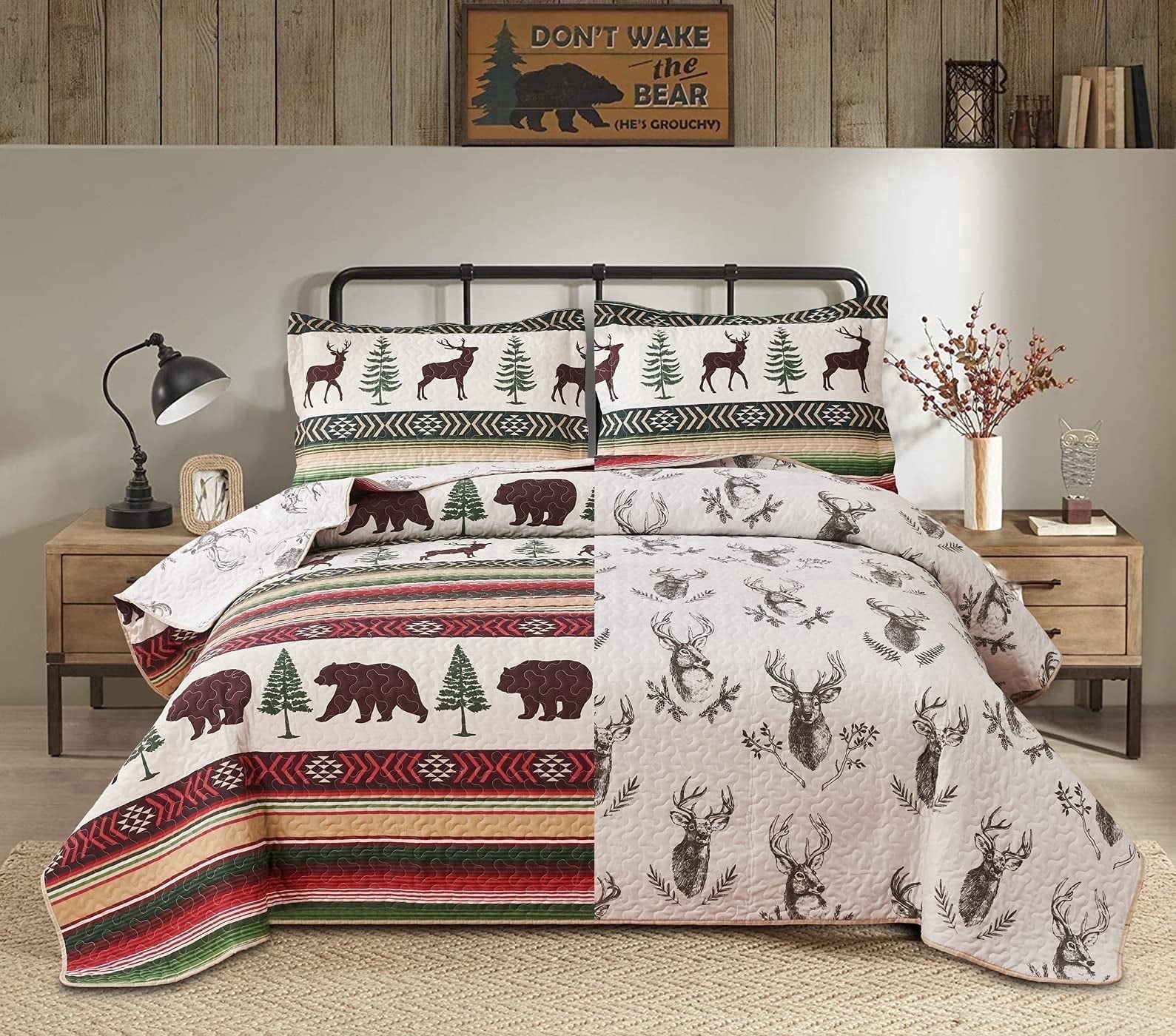 Beartech Quilt Set Queen Size Moose Bear Red Green Stripe Quilt Lightweight Reversible Microfiber Bedspread Coverlet Bedding Set