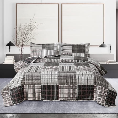 Beartech Quilt Set Queen Size Plaid Patchwork Microfiber Home Lightweight Reversible Bedspread Coverlet Bedding Set