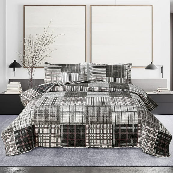 Beartech Quilt Set Queen Size Plaid Patchwork Microfiber Home Lightweight Reversible Bedspread Coverlet Bedding Set