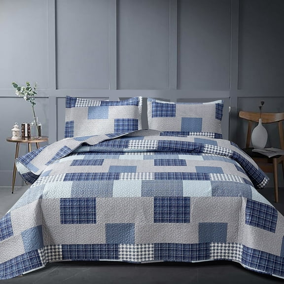 Beartech Quilt Set Queen Size Plaid Patchwork Microfiber Lightweight Reversible Bedspread Coverlet Bedding Set