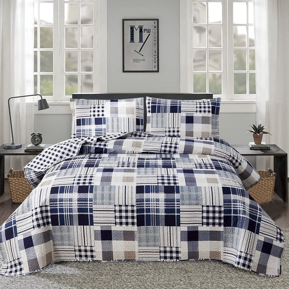 Beartech Quilt Set Queen Size Plaid Patchwork Microfiber Lightweight Reversible Bedspread Coverlet Bedding Set