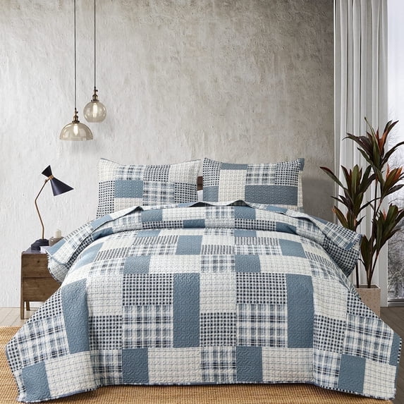 Beartech Quilt Set Queen Size Plaid Patchwork Microfiber Lightweight Reversible Bedspread Coverlet Bedding Set