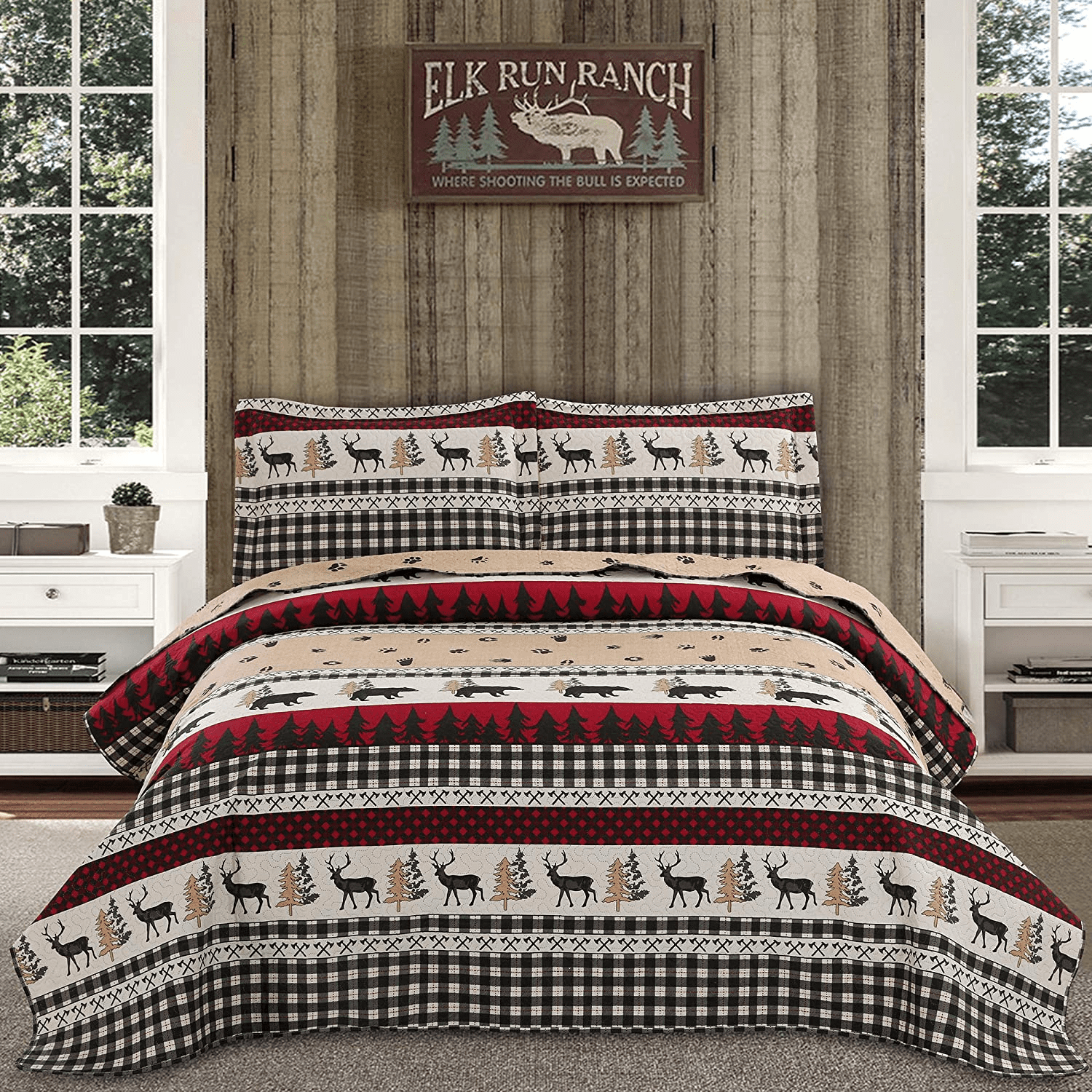 ARL HOME Quilt Set Queen Size Rustic Bedding Lodge Cabin Bear Quilt Buffalo Plaid Stripe Bedding ...